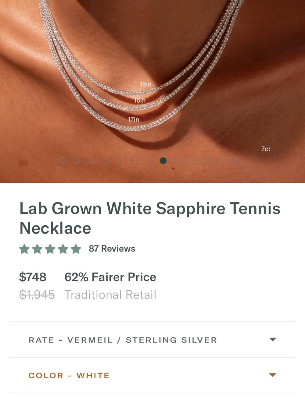 Aurate 16” Lab Grown White Sapphire Tennis Necklace - Sterling Silver